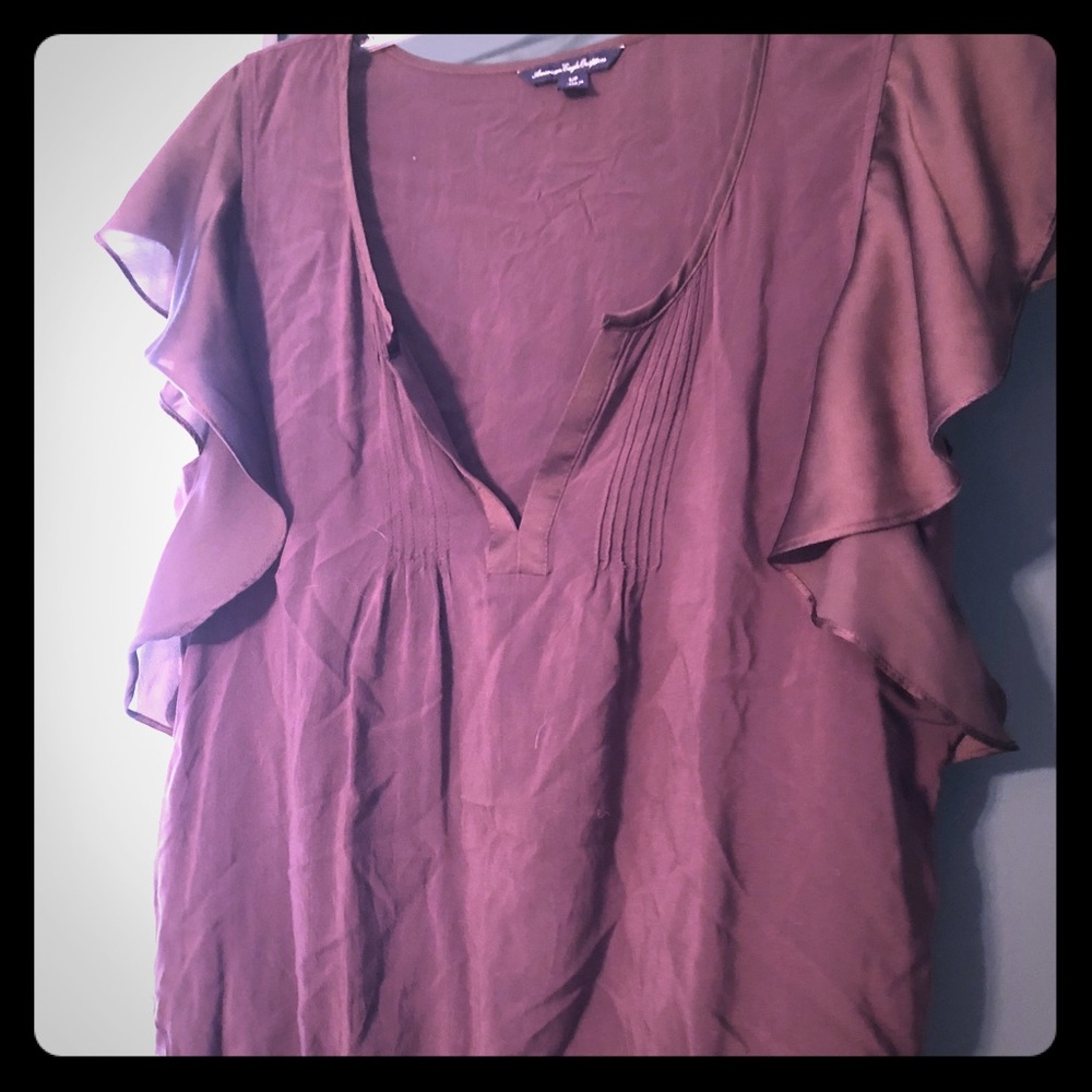 American eagle flutter sleeve brown silk shirt